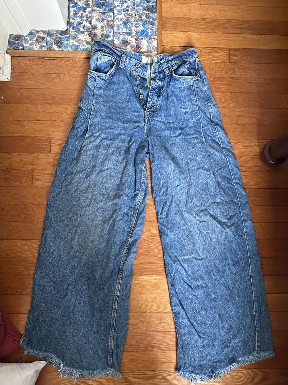 Free People Wide Leg Button-Fly Blue Denim Jeans